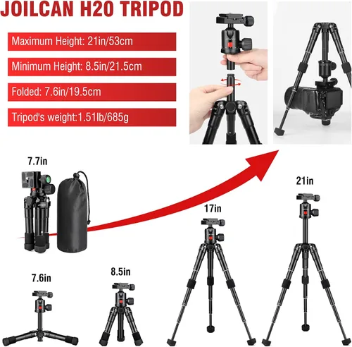 Vista 4 de JOILCAN Mini trípode para cámara, trípode de escritorio de aluminio de 21 pulgadas con cabeza de bola de 360°, trípodes de viaje portátiles