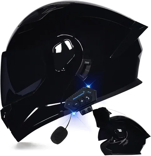 Vista 45 de Casco modular Bluetooth para motocicleta, aprobado por DOT, de cara completa, abatible, antivaho, doble visera, casco de motocicleta de calle, LENTE