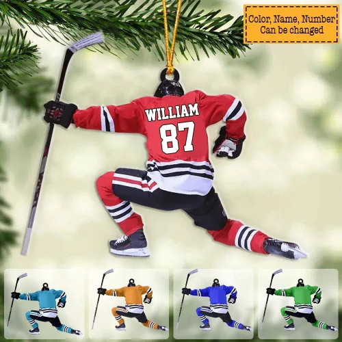 Vista 2 de NAZENTI Adorno personalizado de jugador de hockey, adorno navideño de hockey personalizado, adorno de auto de hockey personalizado plano, adorno