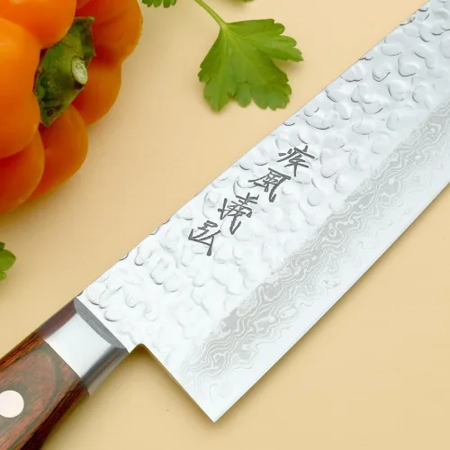 Vista 9 de Yoshihiro VG10 Cuchillo de chef japonés Gyuto de Damasco martillado de 16 capas (7'' (180mm))