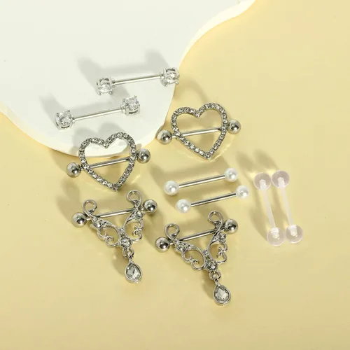 Vista 4 de TIANCI FBYJS 5-7 pares de anillos de pezón de acero inoxidable para la lengua, piercing para el cuerpo, joyería con barra de circonita cúbica