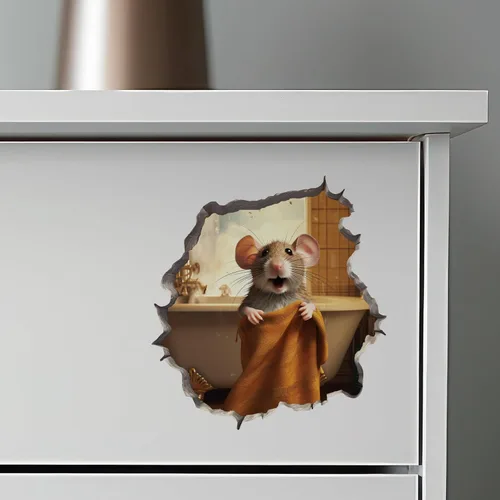 Vista 6 de Calcomanía de Pared de Ratón Saliendo de Agujero para Baño - Pegatina de Pared con Efecto 3D - Idea de Regalo Divertida