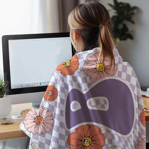 Vista 4 de Manta retro de los años 70 con inicial B floral a cuadros, groovy abstracta estética, manta de franela suave personalizada, regalos con monograma