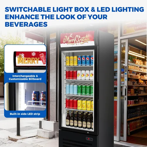 Vista 7 de Refrigeradores comerciales Bluelinecool 9 pies cúbicos verticales para exhibición, enfriador de bebidas con puerta de vidrio y luz LED, estantes