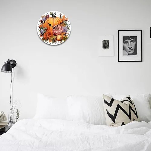 Vista 4 de Reloj de pared de madera Country Autumn Harvest Acuarela Calabaza Flores Redondo Reloj Decorativo de Calidad Cuarzo Sin Ticking Otoño Acción