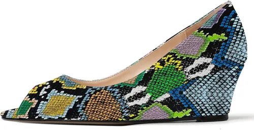 Vista 2 de WAYDERNS Zapatos de tacón bajo con cuña de charol y puntera abierta para mujer de 2 pulgadas