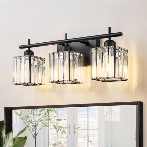 Vista 6 de Modernas luces de tocador de baño de cristal sobre el espejo, accesorios de iluminación de baño negro mate de 3 luces, accesorios de iluminación