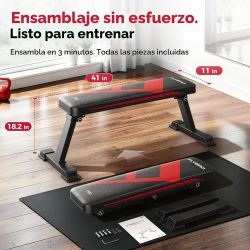 Vista 7 de FLYBIRD Banco Plano Plegable, Banco Resistente Ligero y que Ahorra Espacio para Press de Banca, Banco de Pesas Plano, Fácil de Ensamblar A-Rojo
