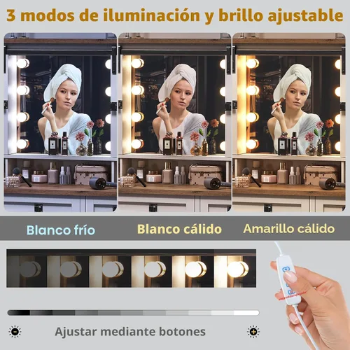 Vista 5 de MSmask Tocador estilo granja con espejo y luces, tocador de maquillaje de 41" con puerta corredera y estación de carga, mesa de tocador grande