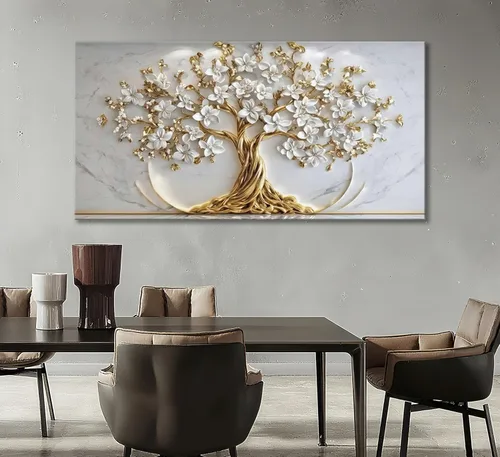 Vista 3 de Lienzo decorativo para pared, diseño de árbol de la vida, flores blancas y doradas, cuadro de paisaje natural, póster impreso, para sala de estar