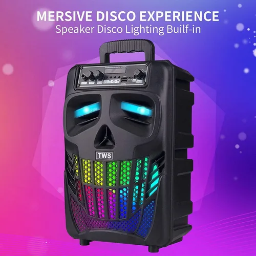 Vista 4 de Altavoz Bluetooth portátil con subwoofer, altavoces inalámbricos, gran soporte, radio FM, tarjeta TF, luces LED, reproductor de MP3, fiesta