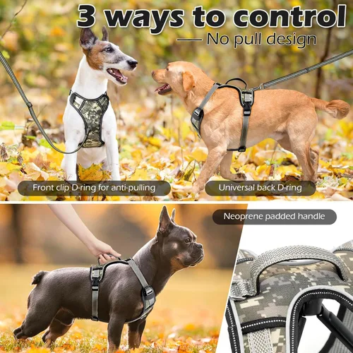 Vista 6 de Arnés reflectante para perro, arnés para perro grande sin tirones, con 2 clips para correa y asa de control, chaleco ajustable de camuflaje suave