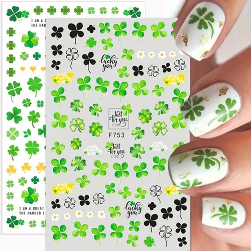 Vista 7 de 8 hojas de calcomanías de arte de uñas del día de San Patricio, calcomanías de uñas de trébol 3D, autoadhesivas, trébol verde, diseño de uñas
