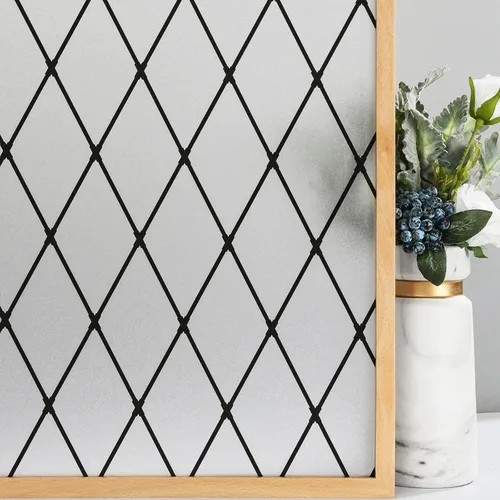 Vista 9 de VELIMAX Película de vinilo de vidrio decorativo para ventana, diseño de celosía negra esmerilada, película de vinilo de vidrio extraíble