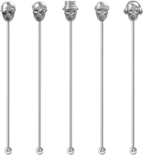 Vista 8 de Palitos Swizzle con forma de calavera, reutilizables, de acero inoxidable, agitadores de bebidas para café, cóctel, paquete de 5 palitos
