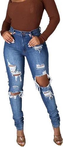 Vista 4 de Women's Skinny Ripped Jeans Stretch Destroyed Mid High Waist Denim Pants