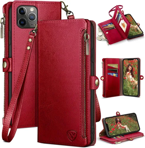 Vista 9 de XcaseBar Funda tipo cartera para iPhone 11 Pro Max de 6.5 pulgadas con cremallera y tarjetero de crédito [bloqueo RFID], funda de piel sintética
