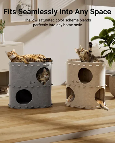 Vista 6 de DownyPaws Casa para gatos de interior, cueva plegable de 2 pisos, cama tipo túnel de fieltro para gatos, cubo, escondite para multicats, resistente
