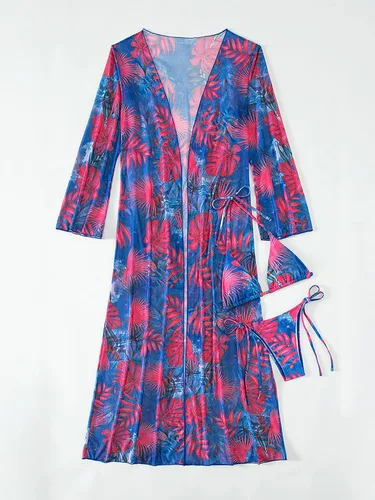 Vista 2 de WDIRARA Conjunto de 3 piezas para mujer, traje de baño de bikini con estampado halter y kimono largo