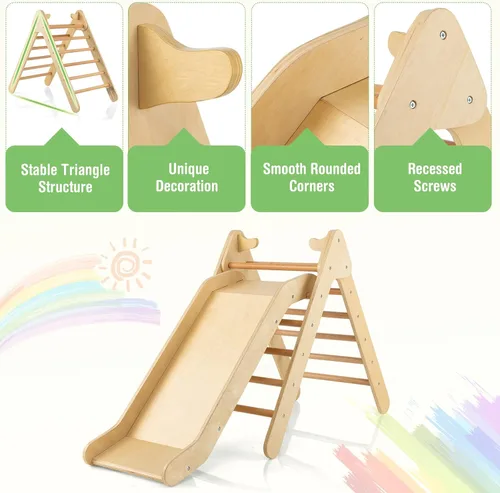 Vista 6 de HONEY JOY Escaladora triangular con rampa, escalera triangular para niños para guardería, gimnasio y parque infantil, juguetes de escalada Natural