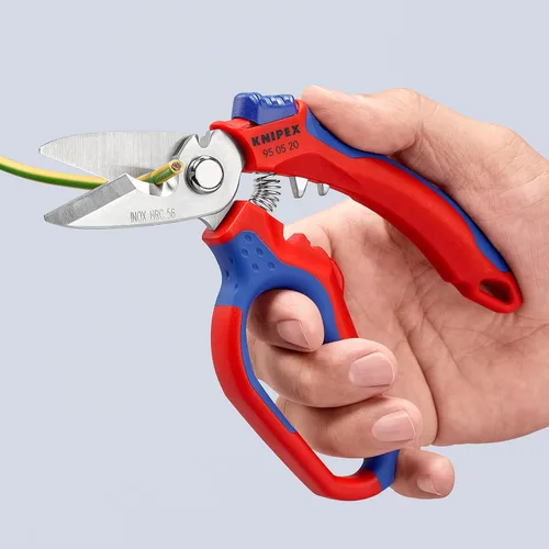 Vista 4 de Tijeras de electricista angulares de acero inoxidable KNIPEX Tools 95 05 20 US, 6-1/4", Rojo/Azul