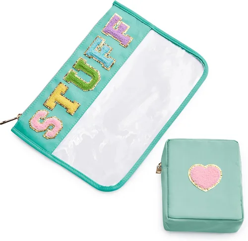 Vista 10 de Bolsa con letras de chenilla para viajes, A-Verde menta, Bolsa de maquillaje transparente a