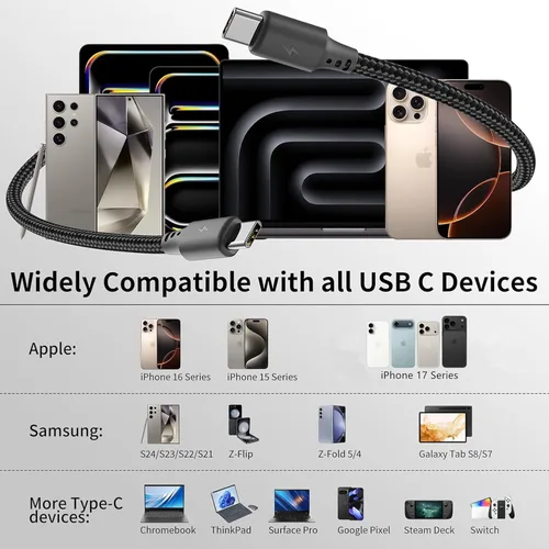 Vista 7 de Cable USB C a USB C de 1 pie, paquete de 3 cables de carga tipo C para Negro