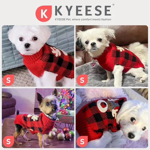 Vista 6 de KYEESE - Suéter de Navidad para perros con diseño de renos para perros pequeños, ropa a cuadros de búfalo rojo con agujero para la correa para días