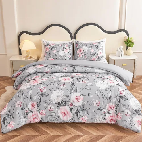 Vista 29 de Koniroom 6-Piece Pink Comforter Set Twin Size - Reversible Beige White Flower Bed in a Bag with Sheets, Pillowcases, Shams, and Decorative Pillow
