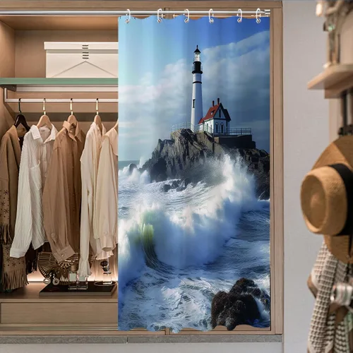 Vista 3 de Cortina de ducha con diseño de océano azul, faro, náutico, costero, escénico, naturaleza, rock, blanco, juego de decoración de baño, lavable a