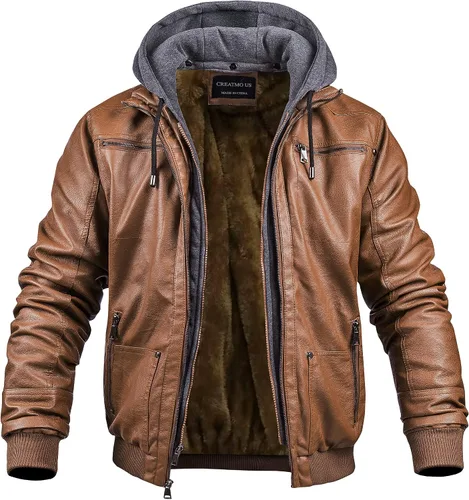 Vista 7 de CREATMO US Chaqueta de piel sintética para hombre, impermeable, resistente al viento, PU con capucha extraíble