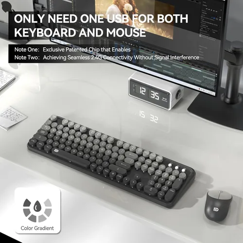 Vista 2 de Combo de teclado y mouse inalámbricos, 104 teclas redondas, lindo teclado y mouse inalámbricos coloridos con máquina de escribir retro, color negro