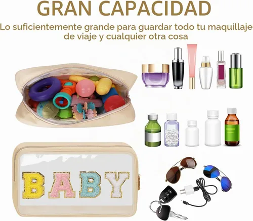 Vista 4 de Iqimott Bolsa de maquillaje transparente para bebé, bolsa de cosméticos personalizada de felpilla para viajes, de nailon, impermeable, artículos