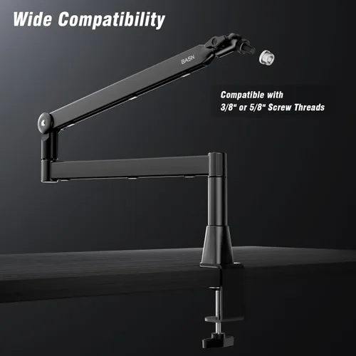 Vista 5 de BASN - Soporte de brazo de micrófono de perfil bajo con abrazadera de escritorio, diseño giratorio y almacenable, canal de gestión de cables
