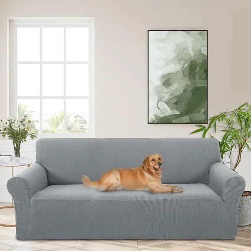 Vista 59 de Funda elástica para sofá, lavable, protector de muebles con espuma antideslizante y parte inferior elástica para niños, perros (sofá biplaza/beige)