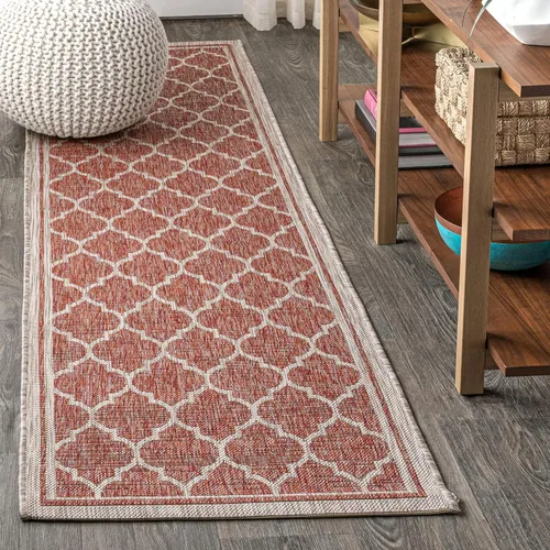Vista 37 de JONATHAN Y Tapete marroquí con diseño enrejado para interiores y exteriores, 2 x 8 pies, marrón/beige, tejido texturizado de trébol para patio