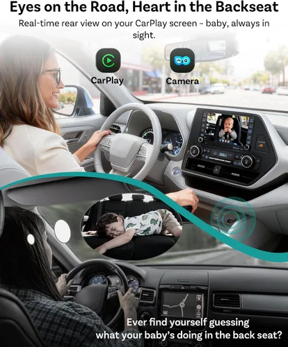 Vista 2 de OTTOCAST Cámara para bebé en el auto y adaptador inalámbrico CarPlay, pantalla de monitor de asiento trasero HD 1080P en la pantalla del auto, vista
