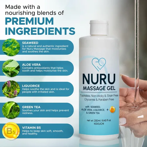 Vista 4 de Nuru Gel de masaje (8.45 onzas líquidas) A base de agua Sin parabenos ni glicerina Formulado con algas marinas naturales, té verde, extracto