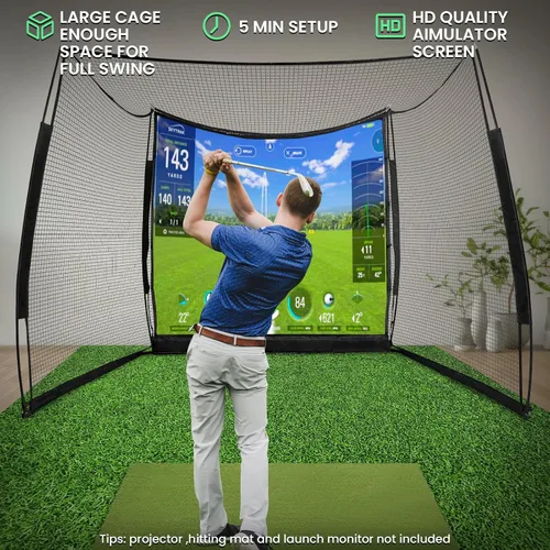 Vista 2 de Simuladores de golf para el hogar, red de golf de 11 x 8 pies con pantalla de impacto de simulador y tela objetivo, red de golf portátil resistente