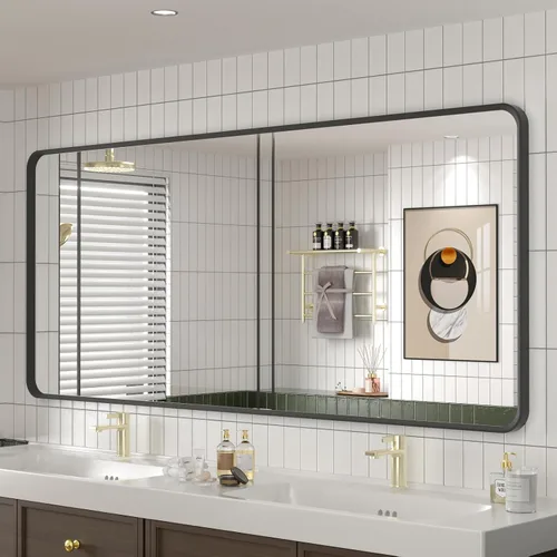 Vista 41 de OKPAL - Espejo de tocador de baño de 20x24 pulgadas con marco de metal cepillado en bronce, espejo de baño con marco de metal cepillado en bronce
