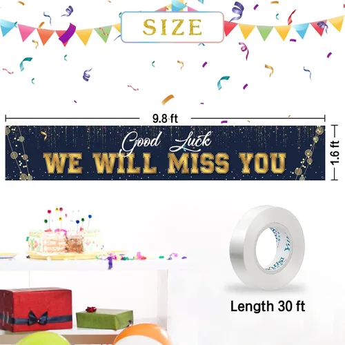 Vista 2 de Cartel de fondo grande con texto en inglés «Good Luck We Will Miss You», cartel de jardín de graduación, fiesta de jubilación, suministros