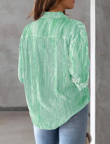 Vista 5 de AISEW Camisas con botones para mujer, a rayas, clásicas, de manga larga, con cuello y bolsillo