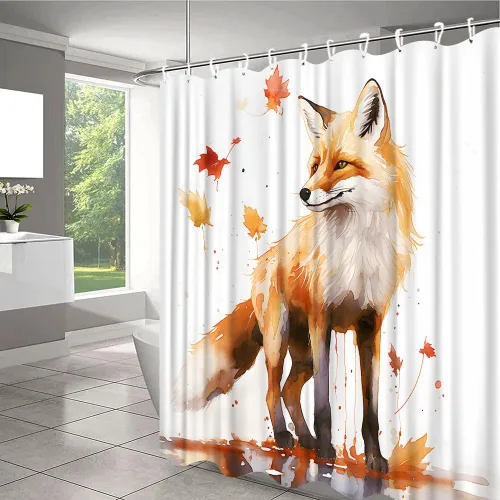 Vista 7 de Cortina de ducha con diseño de zorro, animales del bosque, arce, dibujados a mano, garabatos dibujados a mano, estilo pintura al óleo, juego de baño