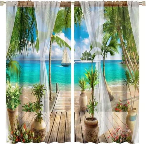 Vista 11 de Cortinas de playa con estampado de plantas tropicales y árboles de coco, paisaje natural, con bolsillo para barra, 2 paneles, decoración