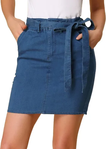 Vista 2 de Allegra K Falda de mezclilla con cinturón de cintura alta con nudo elástico para mujer