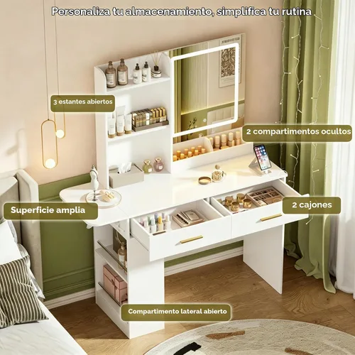 Vista 3 de Escritorio de tocador con espejo y luces, mesa de maquillaje de 43.31 pulgadas con 4 cajones, escritorio extra plegable con 3 estantes abiertos