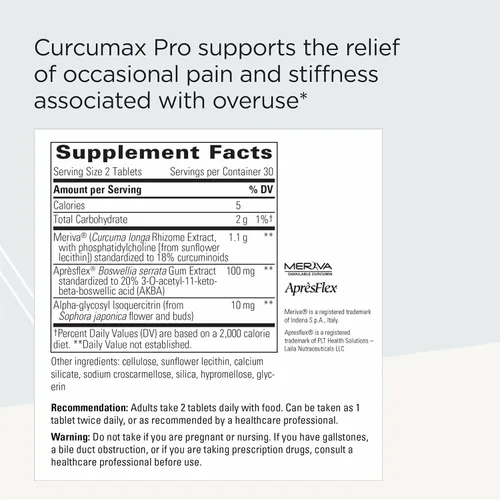 Vista 2 de Integrative Therapeutics Curcumax Pro - Fórmula de apoyo articular* con extracto de curcumina de Meriva* - Sin lácteos - Vegano - 60 tabletas