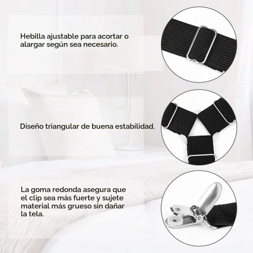 Vista 2 de Abrazaderas de sábana, tirantes en triángulo ajustable elástico, correas con clip para sábanas, fundas de colchón, almohadón de sofá