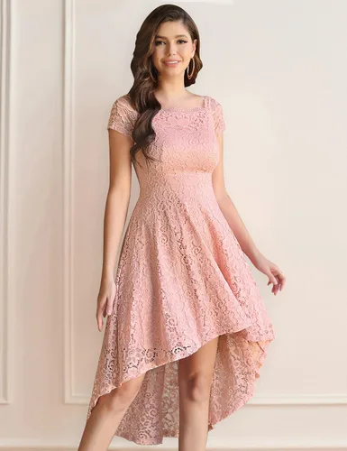 Vista 5 de Dressystar - Vestido de cóctel de encaje para mujer vestido asimétrico con vuelo y hombros descubiertos para fiesta y evento formal