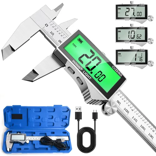 Vista 9 de Preciva Calibre digital de retroiluminación, micrómetro electrónico recargable impermeable IP54 de 6 pulgadas con pantalla LCD, conversiones